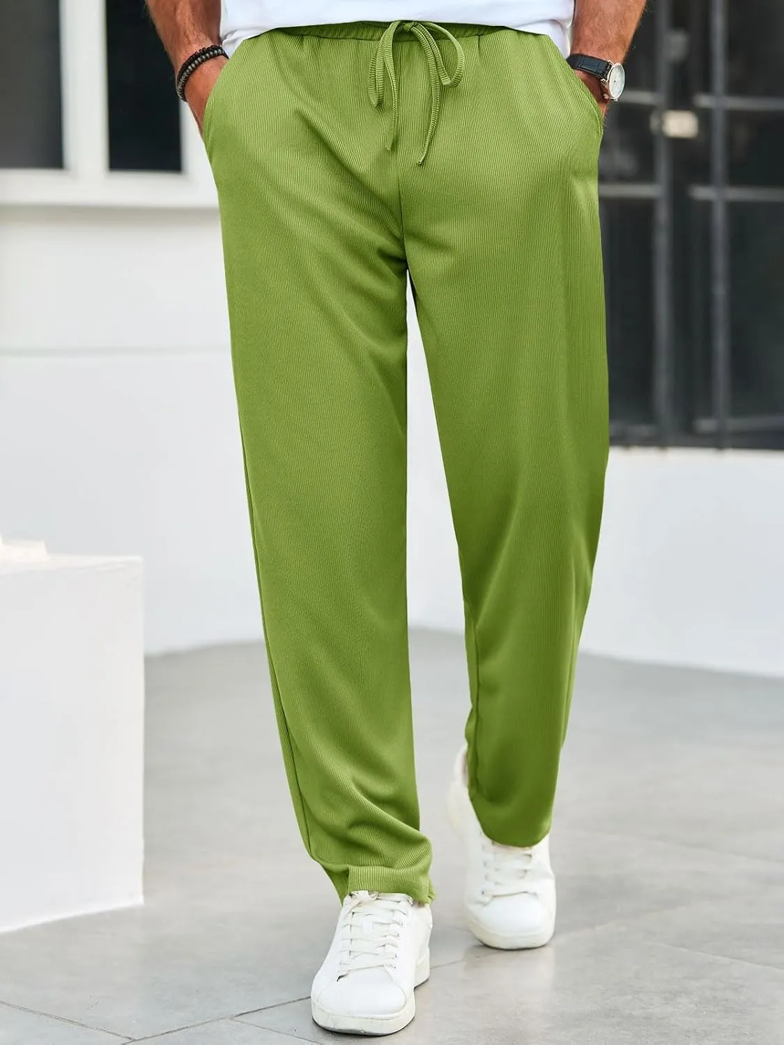 Runcati Mens Casual Pants Drawstring Elastic Waist Ribbed Sweatpants Straight Leg Loose Fit Trousers