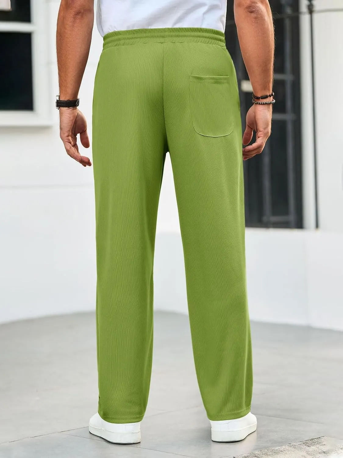 Runcati Mens Casual Pants Drawstring Elastic Waist Ribbed Sweatpants Straight Leg Loose Fit Trousers