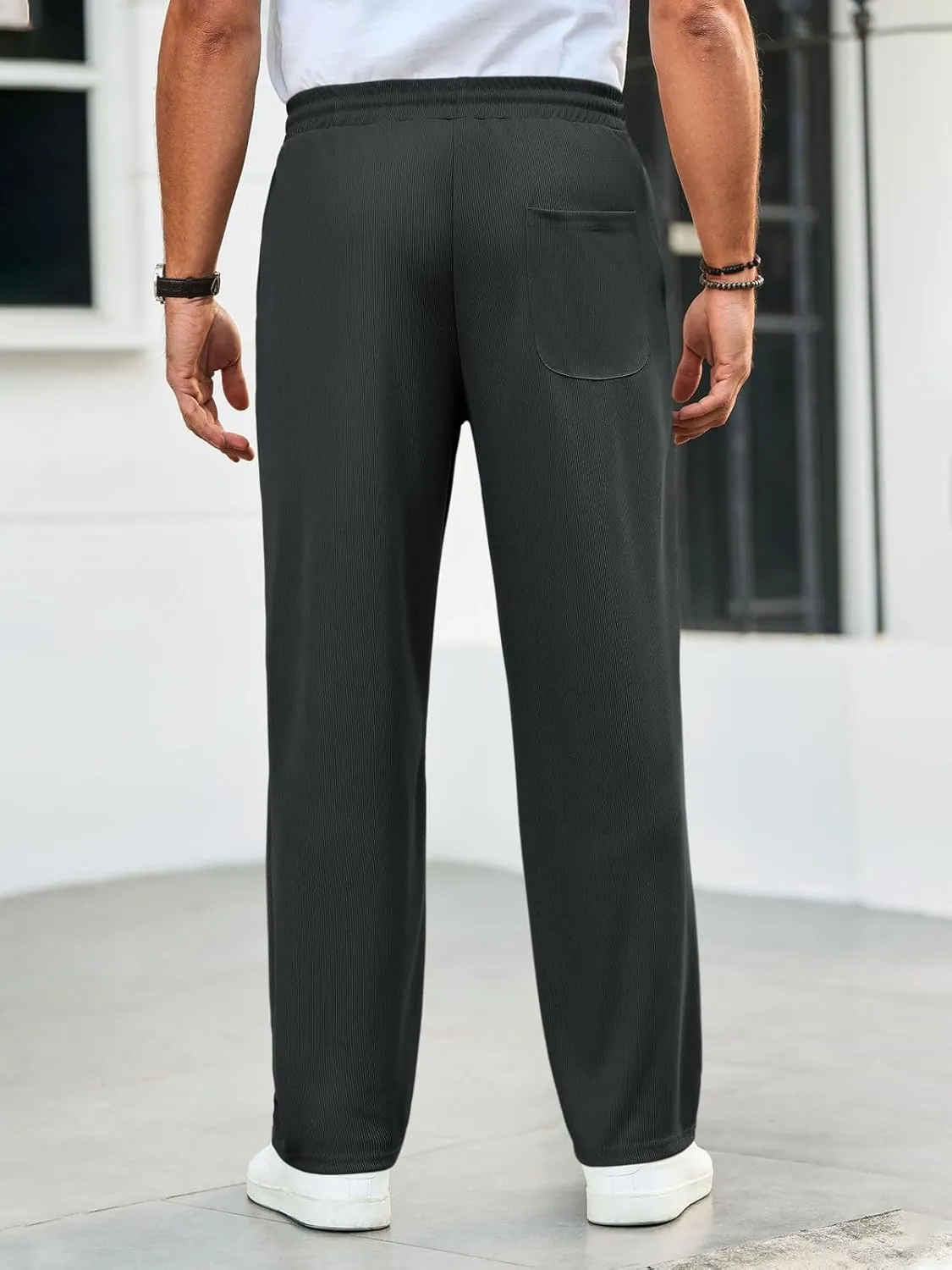 Runcati Mens Casual Pants Drawstring Elastic Waist Ribbed Sweatpants Straight Leg Loose Fit Trousers