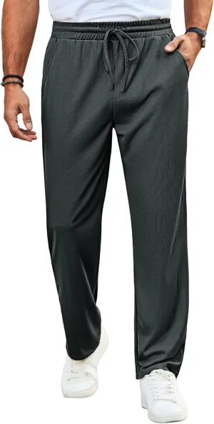 Runcati Mens Casual Pants Drawstring Elastic Waist Ribbed Sweatpants Straight Leg Loose Fit Trousers