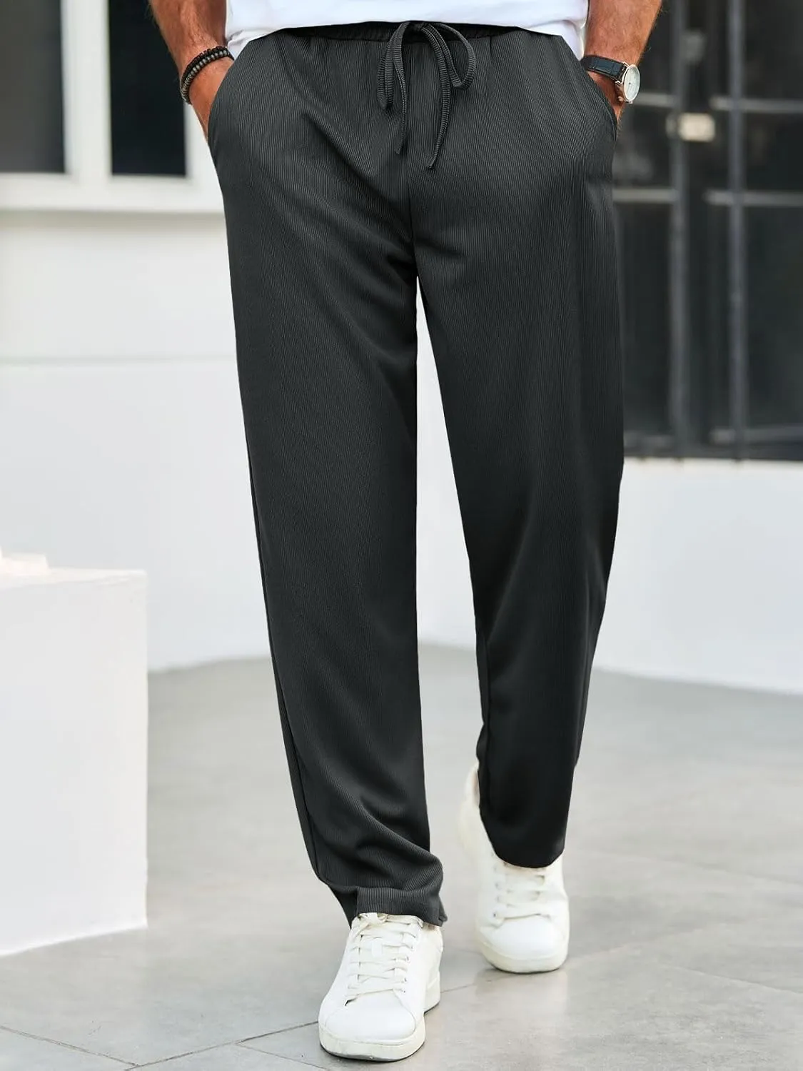 Runcati Mens Casual Pants Drawstring Elastic Waist Ribbed Sweatpants Straight Leg Loose Fit Trousers