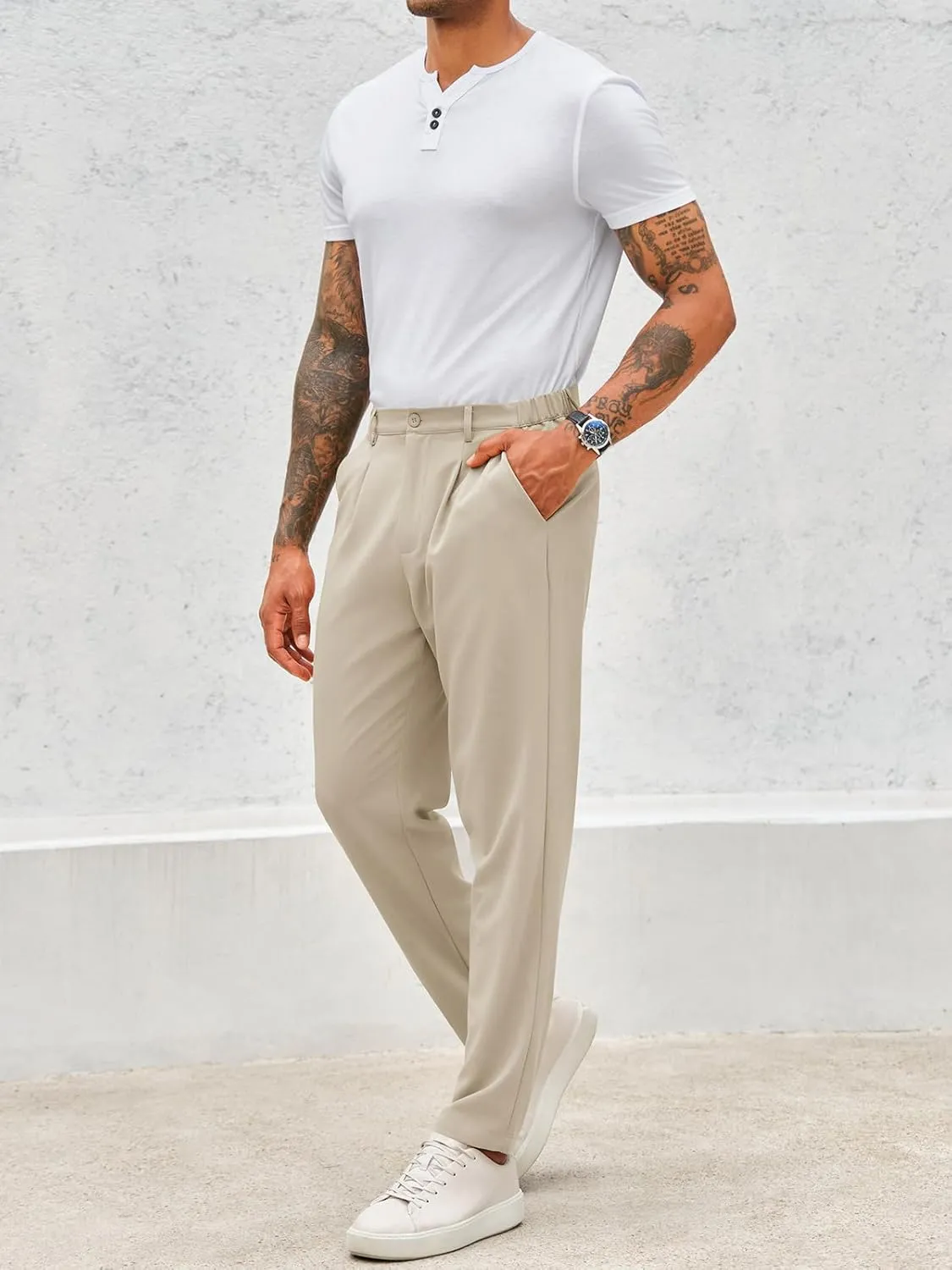 Runcati Mens Slim Fit Dress Pants Business Casual Golf Chino Pants Stretch Pleated Slacks