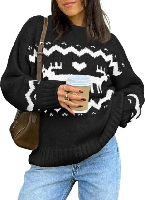 Saodimallsu Womens Oversized Christmas Sweaters Crewneck Chunky Reindeer Knit Long Sleeve Santa Xmas Pullover Sweater