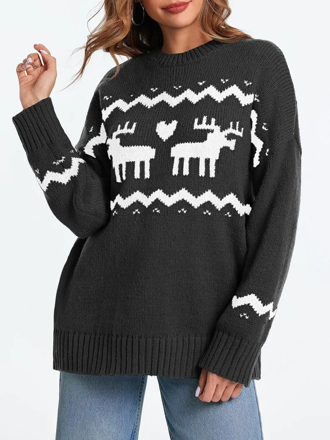 Saodimallsu Womens Oversized Christmas Sweaters Crewneck Chunky Reindeer Knit Long Sleeve Santa Xmas Pullover Sweater