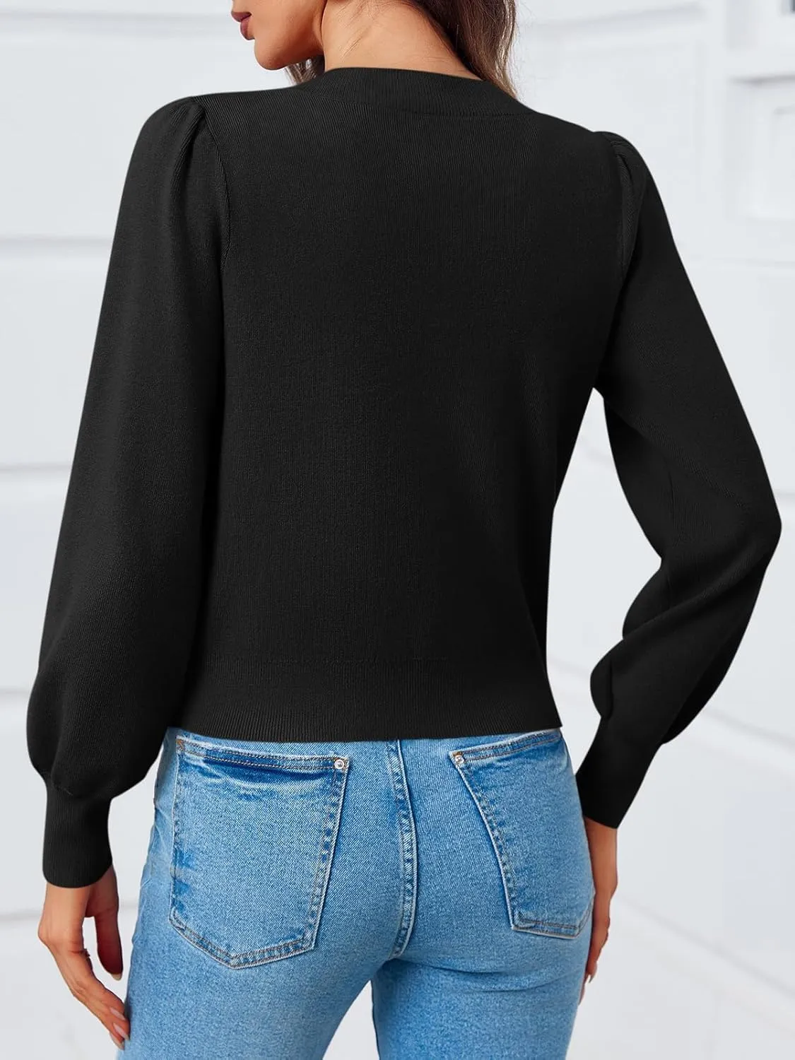 Saodimallsu Womens Puff Long Sleeve Sweaters V Neck Cropped Bow Button Front Cozy Knit Cardigan Sweater Tops