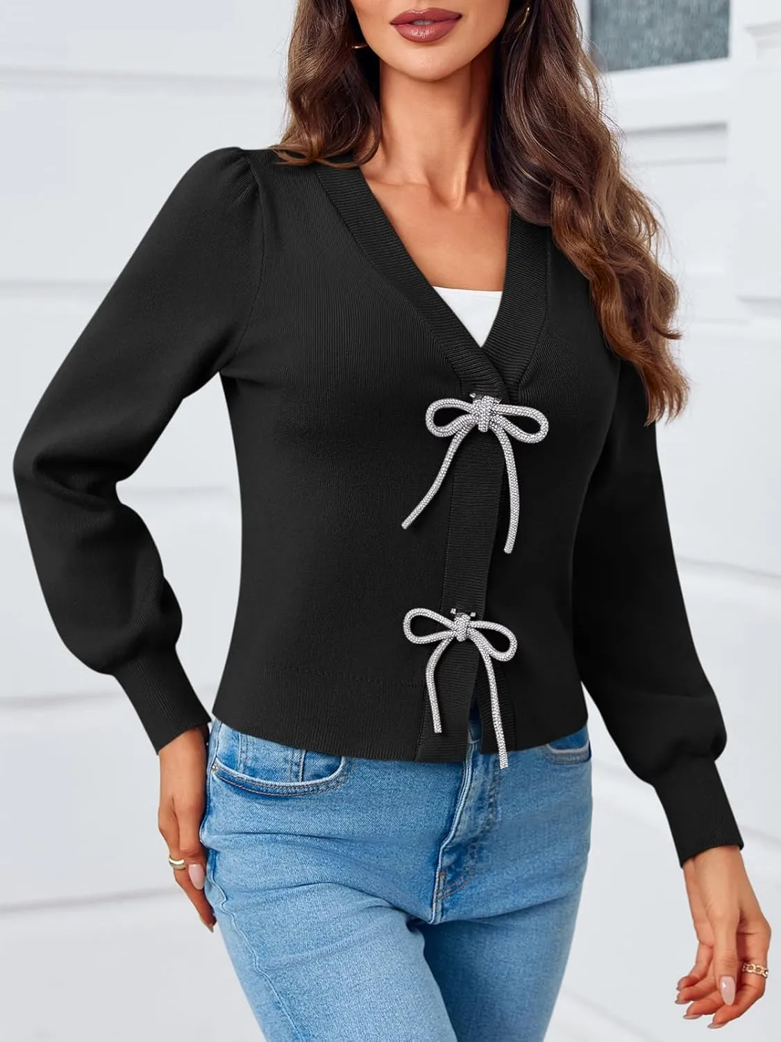 Saodimallsu Womens Puff Long Sleeve Sweaters V Neck Cropped Bow Button Front Cozy Knit Cardigan Sweater Tops