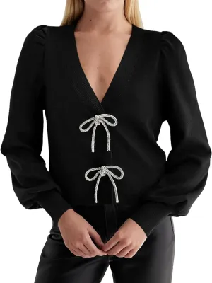Saodimallsu Womens Puff Long Sleeve Sweaters V Neck Cropped Bow Button Front Cozy Knit Cardigan Sweater Tops