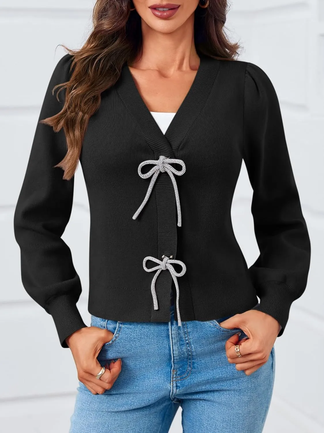 Saodimallsu Womens Puff Long Sleeve Sweaters V Neck Cropped Bow Button Front Cozy Knit Cardigan Sweater Tops