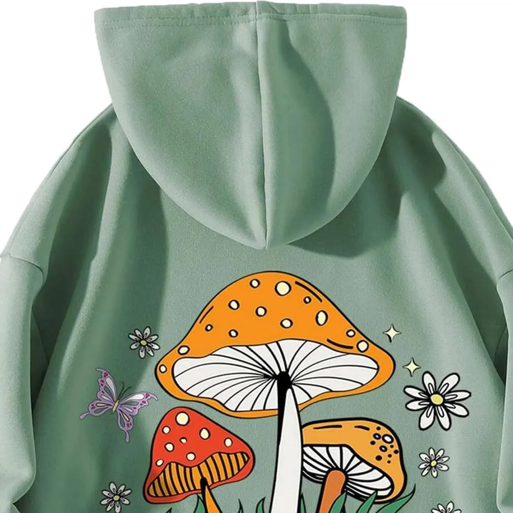 Sdencin Women Mushroom Graphic Letter Print Oversized Fleece Hoodie Long Sleeve Casual Hooded Sweatshirt Pullover Tops