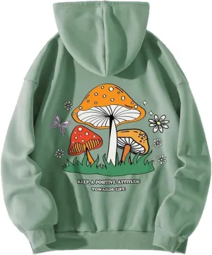Sdencin Women Mushroom Graphic Letter Print Oversized Fleece Hoodie Long Sleeve Casual Hooded Sweatshirt Pullover Tops