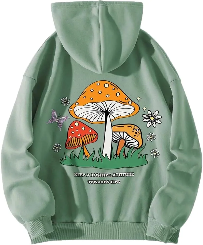 Sdencin Women Mushroom Graphic Letter Print Oversized Fleece Hoodie Long Sleeve Casual Hooded Sweatshirt Pullover Tops
