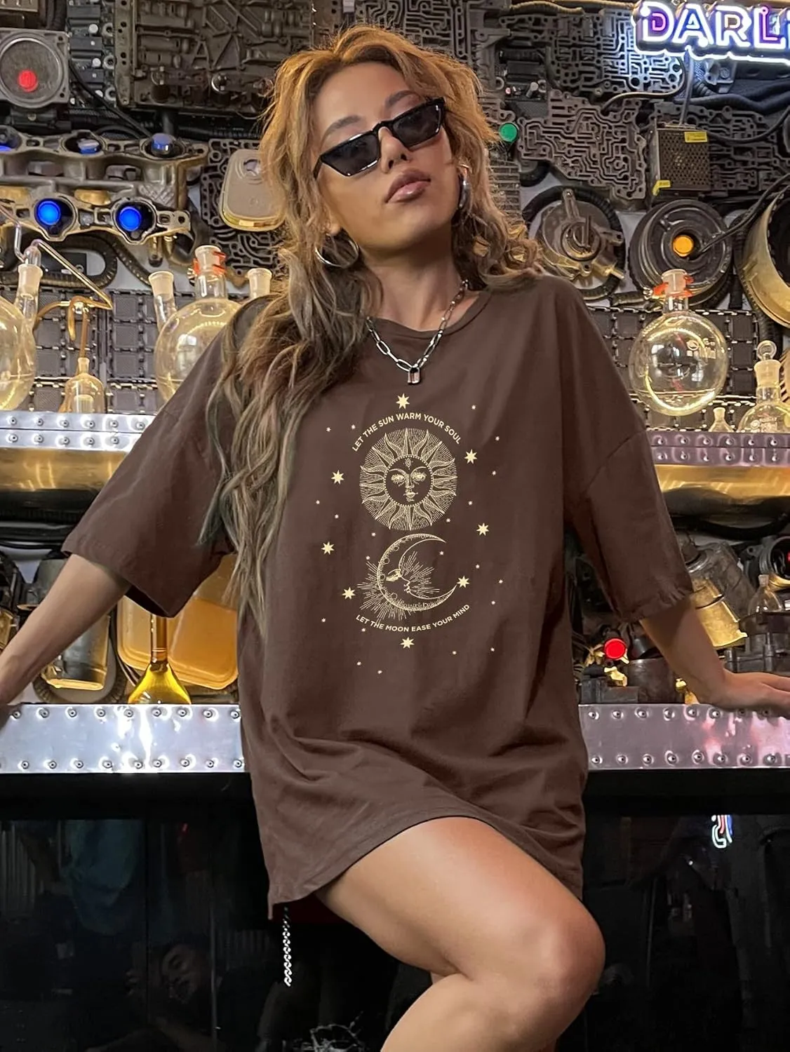 SHENHE Women's Graphic Half Sleeve Drop Shoulder Crewneck Oversized T Shirt Tops