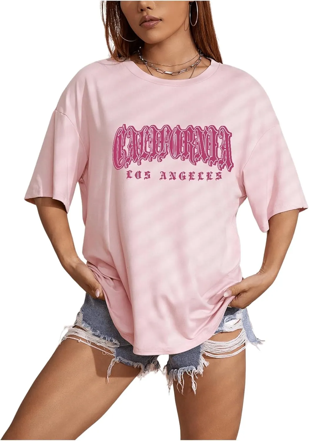 SHENHE Women's Summer Graphic T Shirt Tops Short Sleeve Letter Drop Shoulder Crewneck Shirts Top