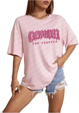 SHENHE Women's Summer Graphic T Shirt Tops Short Sleeve Letter Drop Shoulder Crewneck Shirts Top