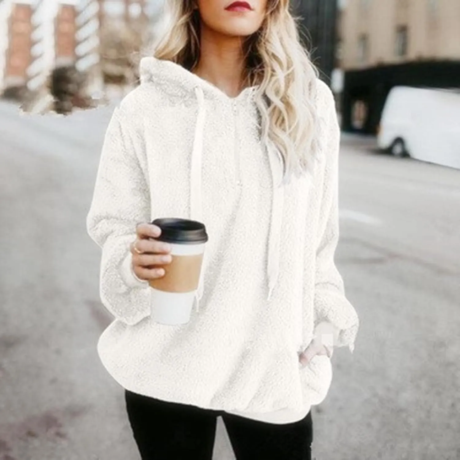 Sherpa Quarter Zip Pullover Women Oversized Trendy comfy Blanket Hoodies Y2k Loose Hooded Sweatshirt Winter Clothes