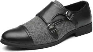 Single Season Dress Oxford for Men Slip On Two Tone Monk Strap Cap Toe PU Leather Block Heel Low Top Slip Resistant Working Very Popular Among Young People (Color : Black Gray, Size : 8