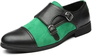 Single Season Dress Oxford for Men Slip On Two Tone Monk Strap Cap Toe PU Leather Block Heel Low Top Slip Resistant Working Very Popular Among Young People (Color : Black Green, Size :
