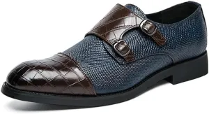 Single Season Formal Dress Shoes for Men Slip On Double Monk Strap Cap Toe PU Leather Anti-Slip Non Slip Low Top Casual Very Popular Among Young People (Color : Brown Blue, Size : 11)