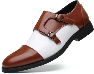 Single Season Formal Shoes for Men Slip On Two Tone Double Monk Strap Black and White Cap Toe PU Leather Slip Resistant Block Heel Anti-Slip Non Slip Rubber Sole Very Popular Among Young