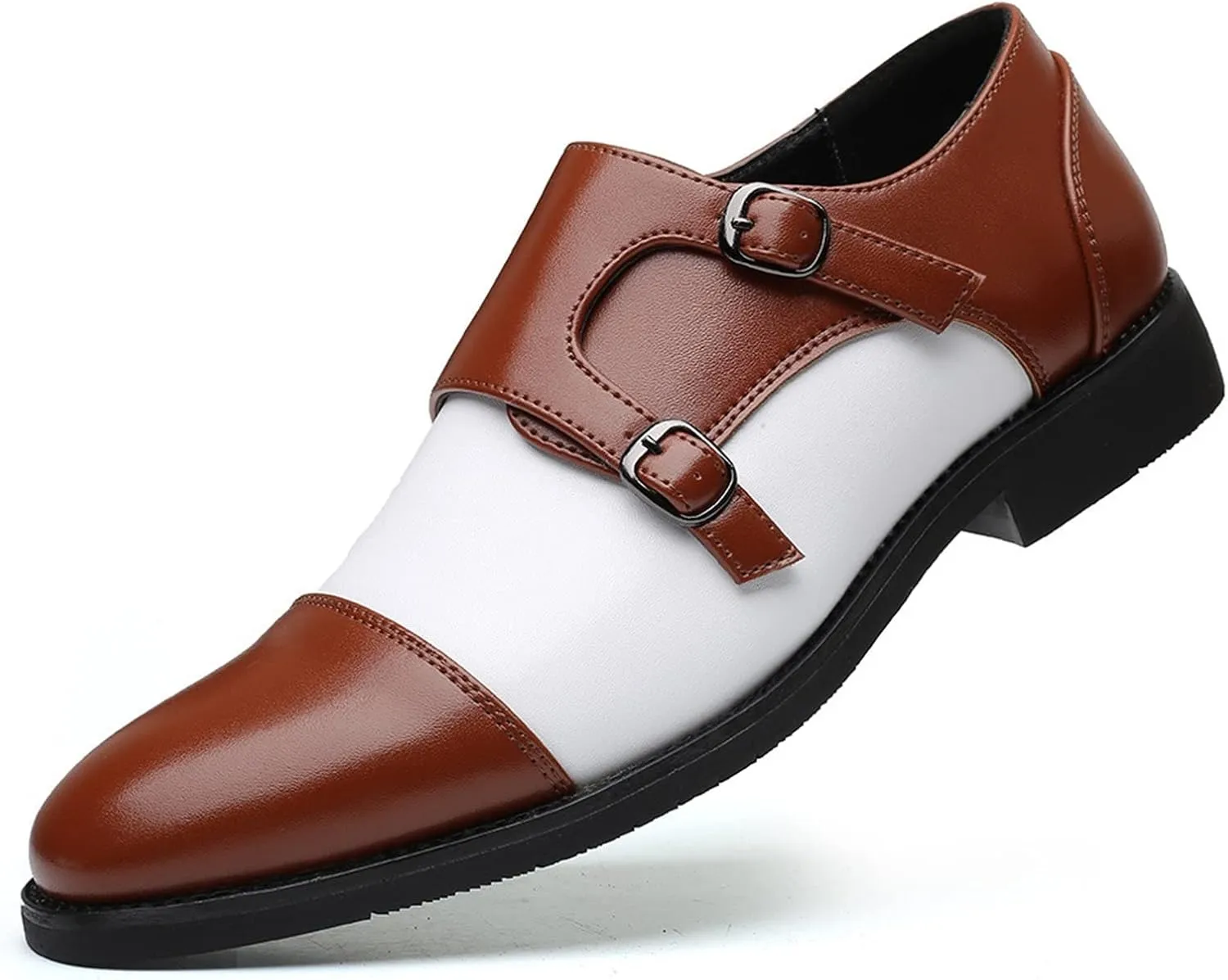 Single Season Formal Shoes for Men Slip On Two Tone Double Monk Strap Black and White Cap Toe PU Leather Slip Resistant Block Heel Anti-Slip Non Slip Rubber Sole Very Popular Among Young
