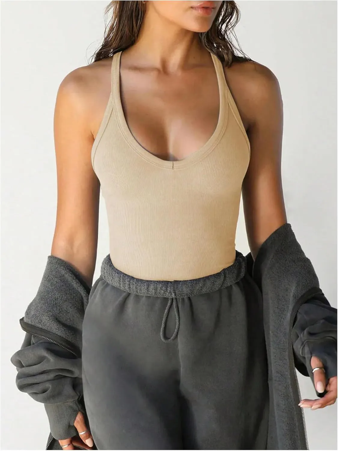 SOLY HUX Women's Sleeveless Deep V Neck Tank Top Racerback Basic Shirts Yoga Gym Fitted Tops