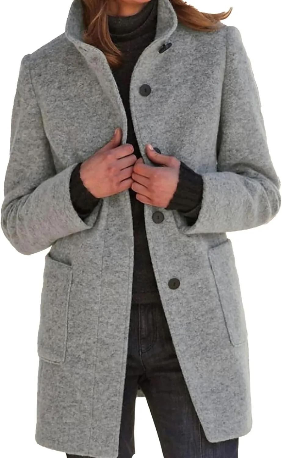 SOMTHRON Women's Winter Pea Coat Wool Blend Stand Collar Single Breasted Mid Long Trench Coat Blazer Jacket