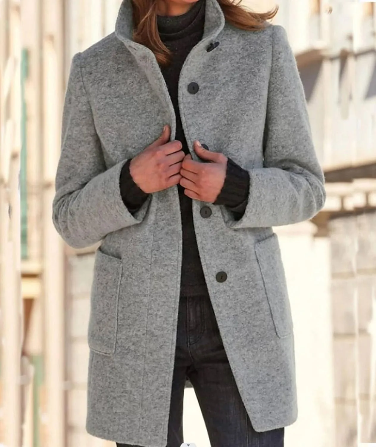 SOMTHRON Women's Winter Pea Coat Wool Blend Stand Collar Single Breasted Mid Long Trench Coat Blazer Jacket