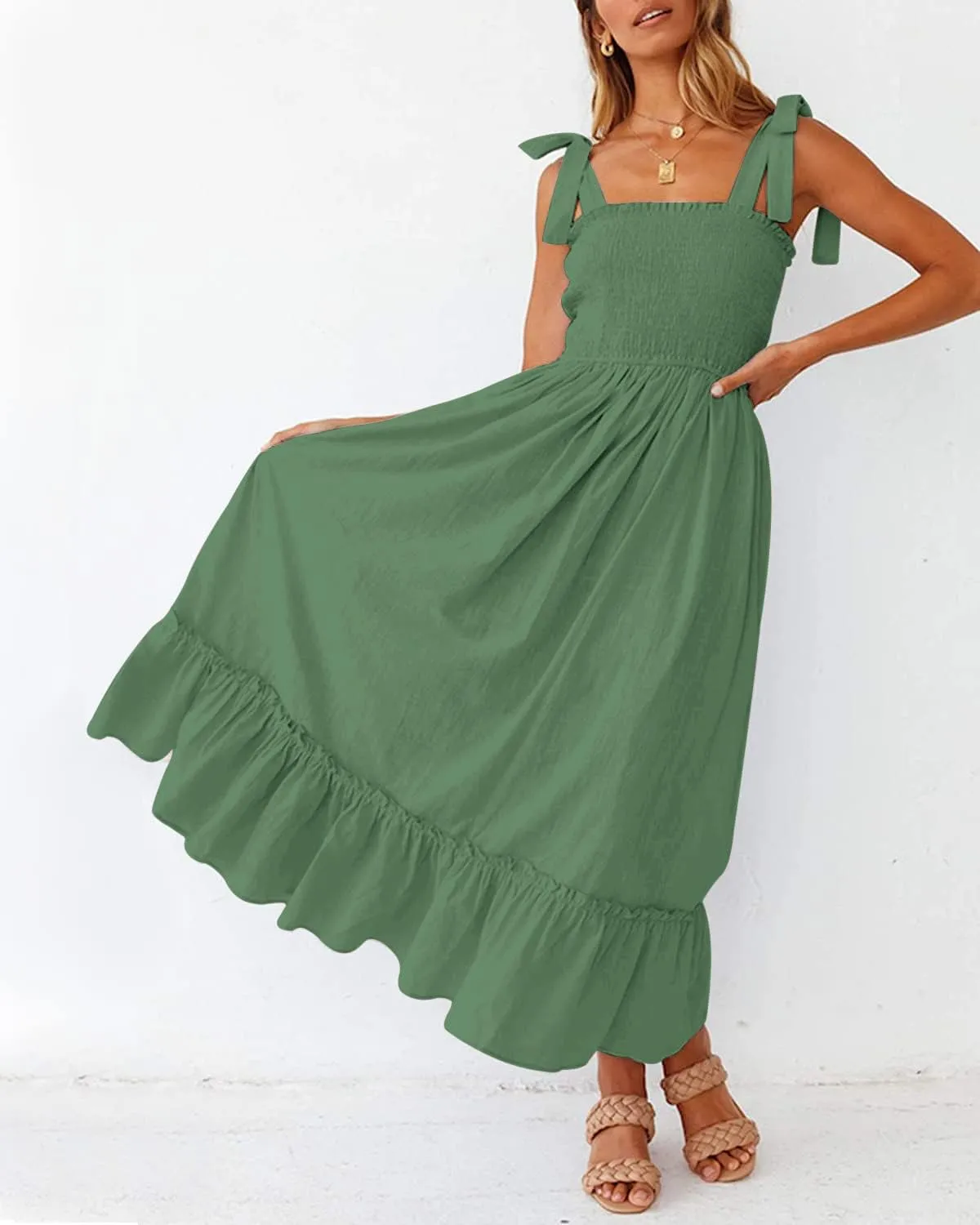 Summer Dresses 2023 Boho Maxi Ruffle Dresses Smocked Dress for Women
