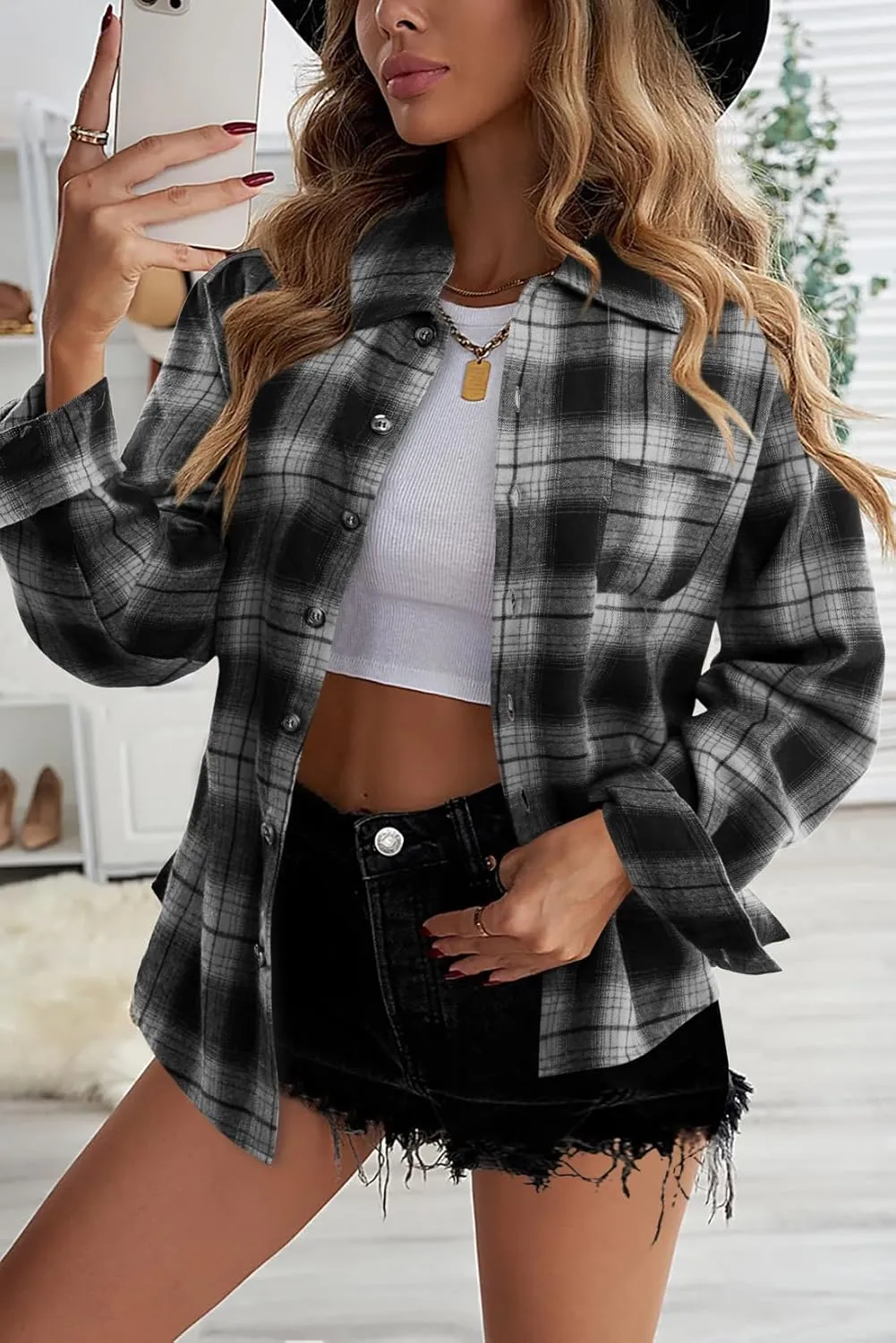 SUPEYA Womens Plaid Button Down Shirts Boyfriend Long Sleeve Shirt Cholo Plaid Tee Shirt Oversized Blouses Tops