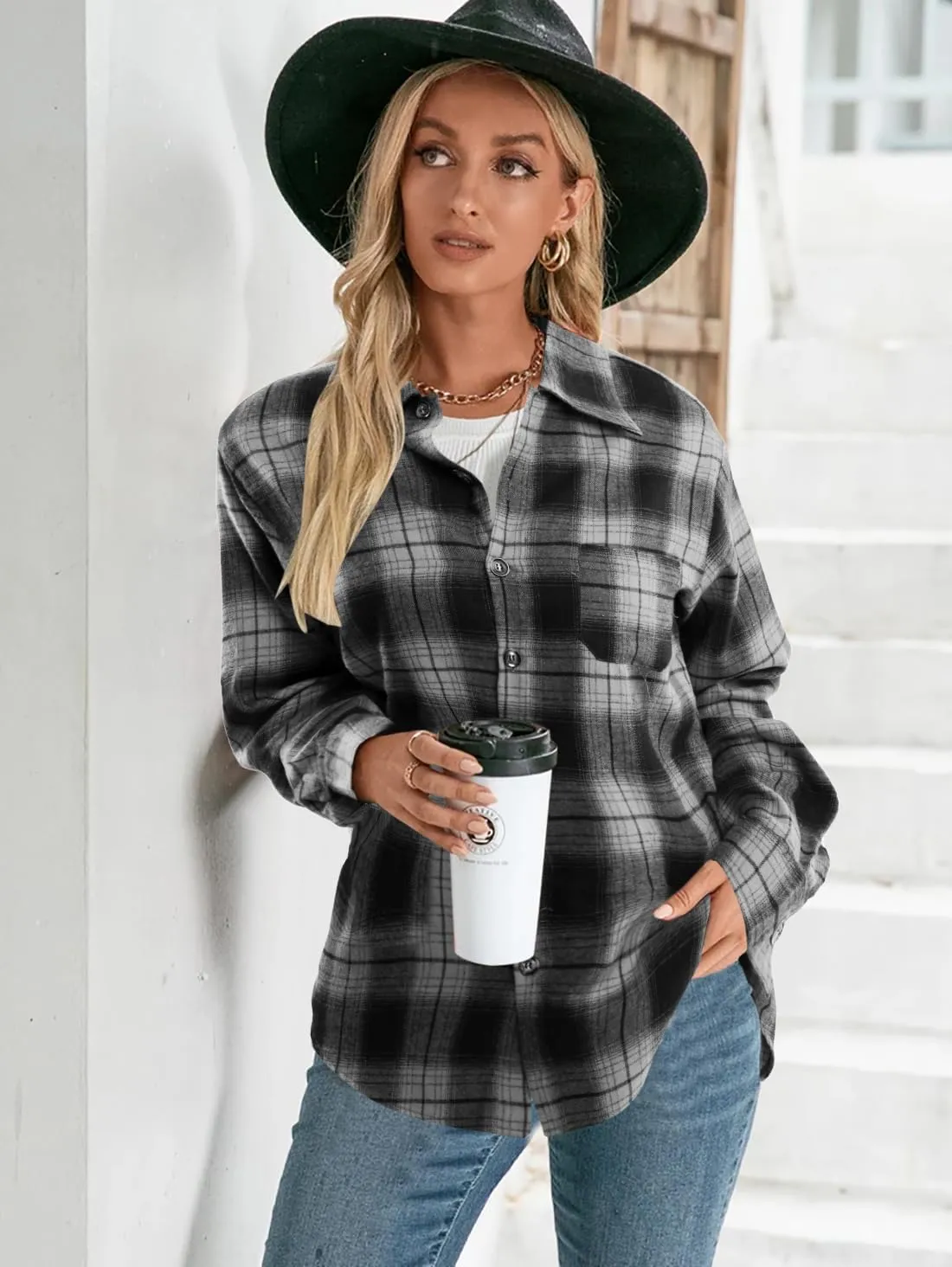 SUPEYA Womens Plaid Button Down Shirts Boyfriend Long Sleeve Shirt Cholo Plaid Tee Shirt Oversized Blouses Tops
