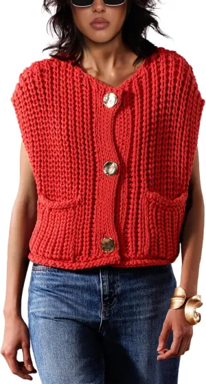 Sweater Vest for Women 2025 Casual Cropped Open Front Sleeveless Chunky Knit Top Button Down Cardigan with Pockets