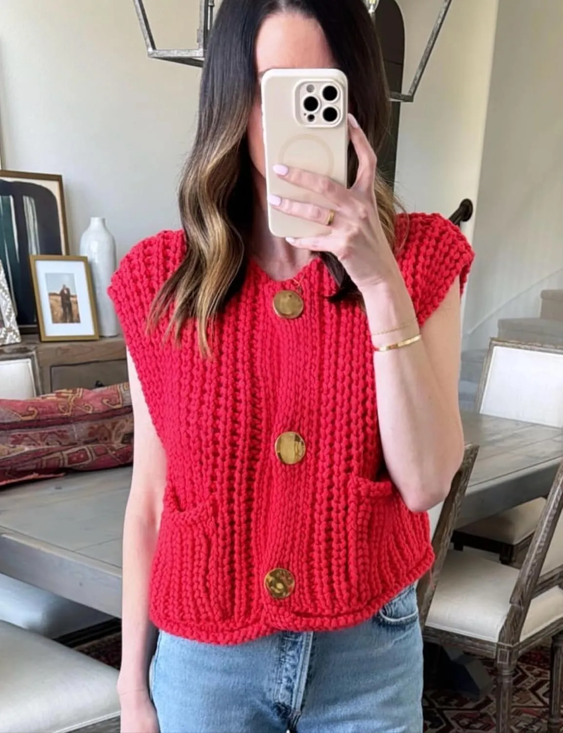Sweater Vest for Women 2025 Casual Cropped Open Front Sleeveless Chunky Knit Top Button Down Cardigan with Pockets