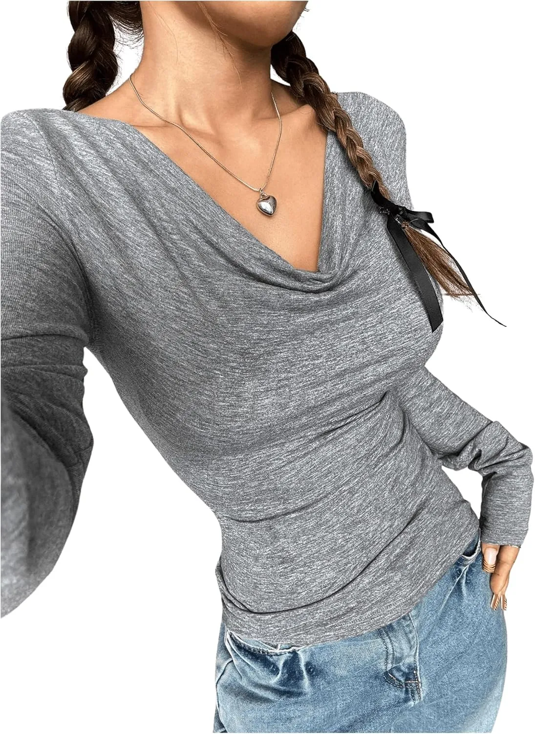 SweatyRocks Women's Casual Long Sleeve Shirts V Neck Slim Fitted T Shirts Basic Tee