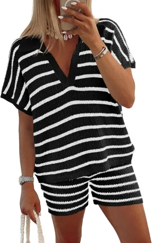 Tankaneo Womens 2 Piece Outfits Striped Knit Summer Sets V Neck Short Sleeve Tops and Shorts Lounge Matching Set