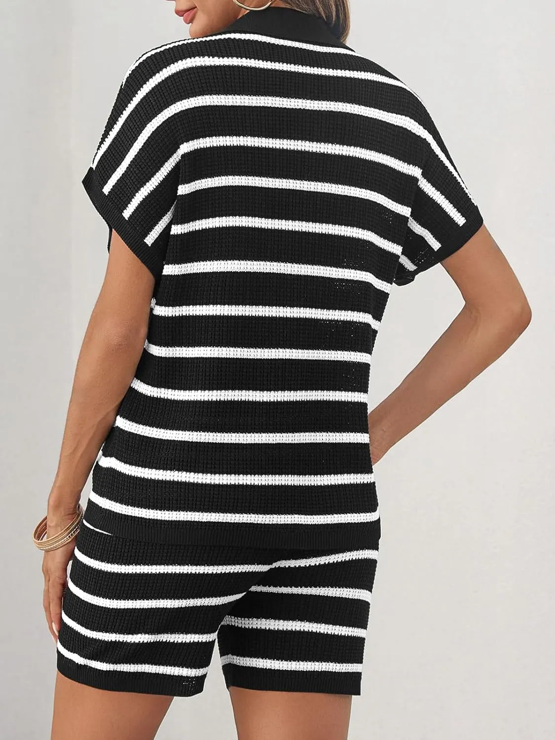 Tankaneo Womens 2 Piece Outfits Striped Knit Summer Sets V Neck Short Sleeve Tops and Shorts Lounge Matching Set