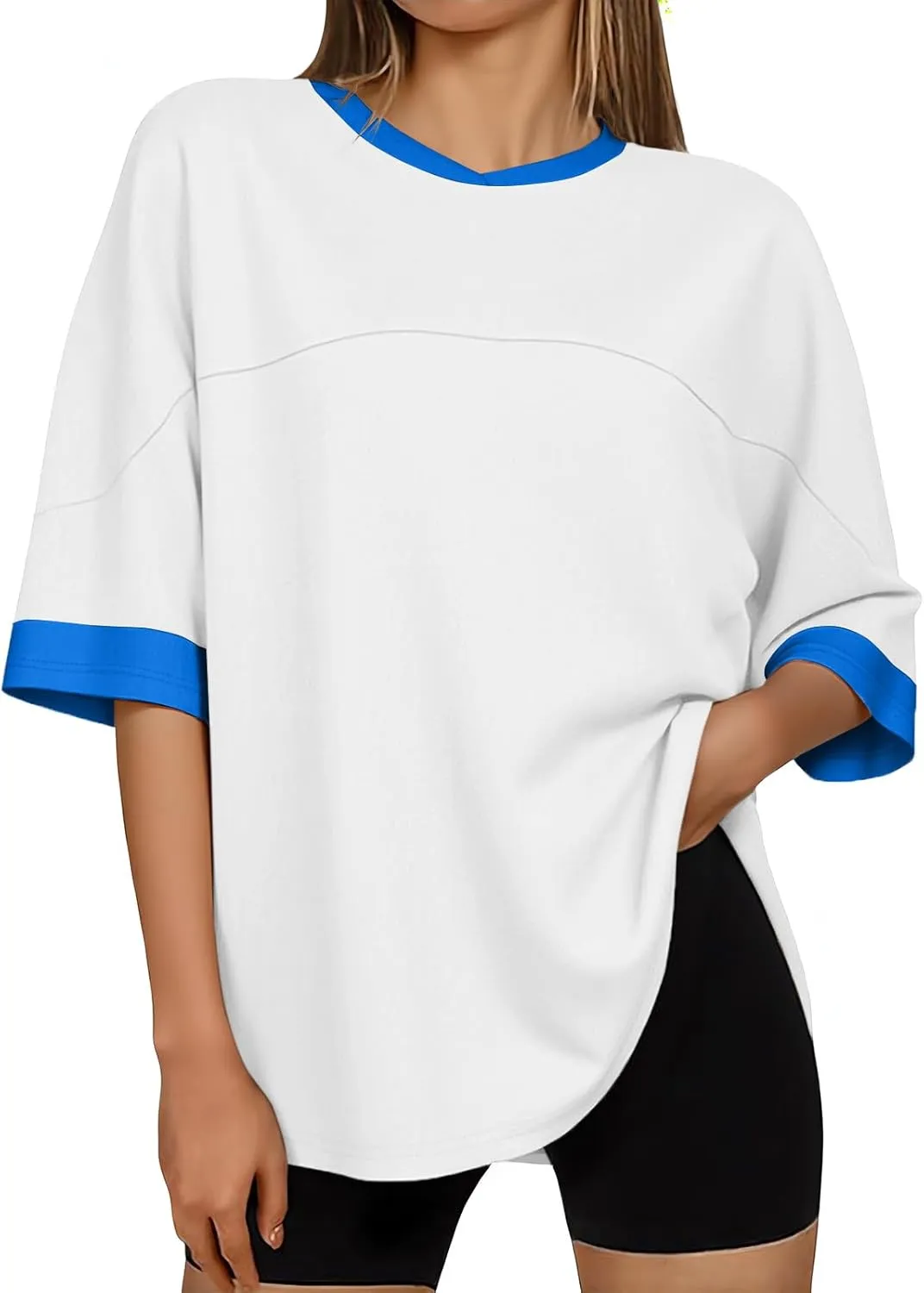 Tankaneo Womens Oversized T Shirts Casual Summer Short Sleeve Color Block Loose Fit Tunic Tops