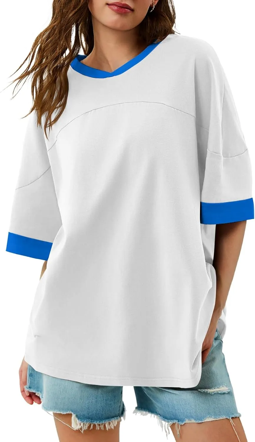 Tankaneo Womens Oversized T Shirts Casual Summer Short Sleeve Color Block Loose Fit Tunic Tops
