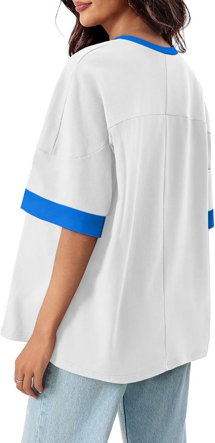 Tankaneo Womens Oversized T Shirts Casual Summer Short Sleeve Color Block Loose Fit Tunic Tops