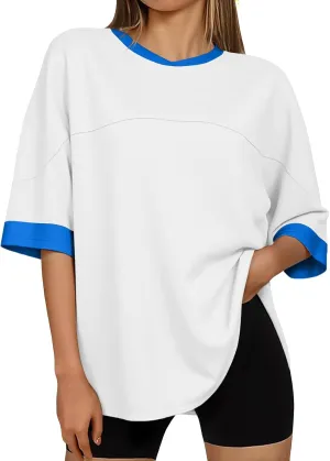 Tankaneo Womens Oversized T Shirts Casual Summer Short Sleeve Color Block Loose Fit Tunic Tops