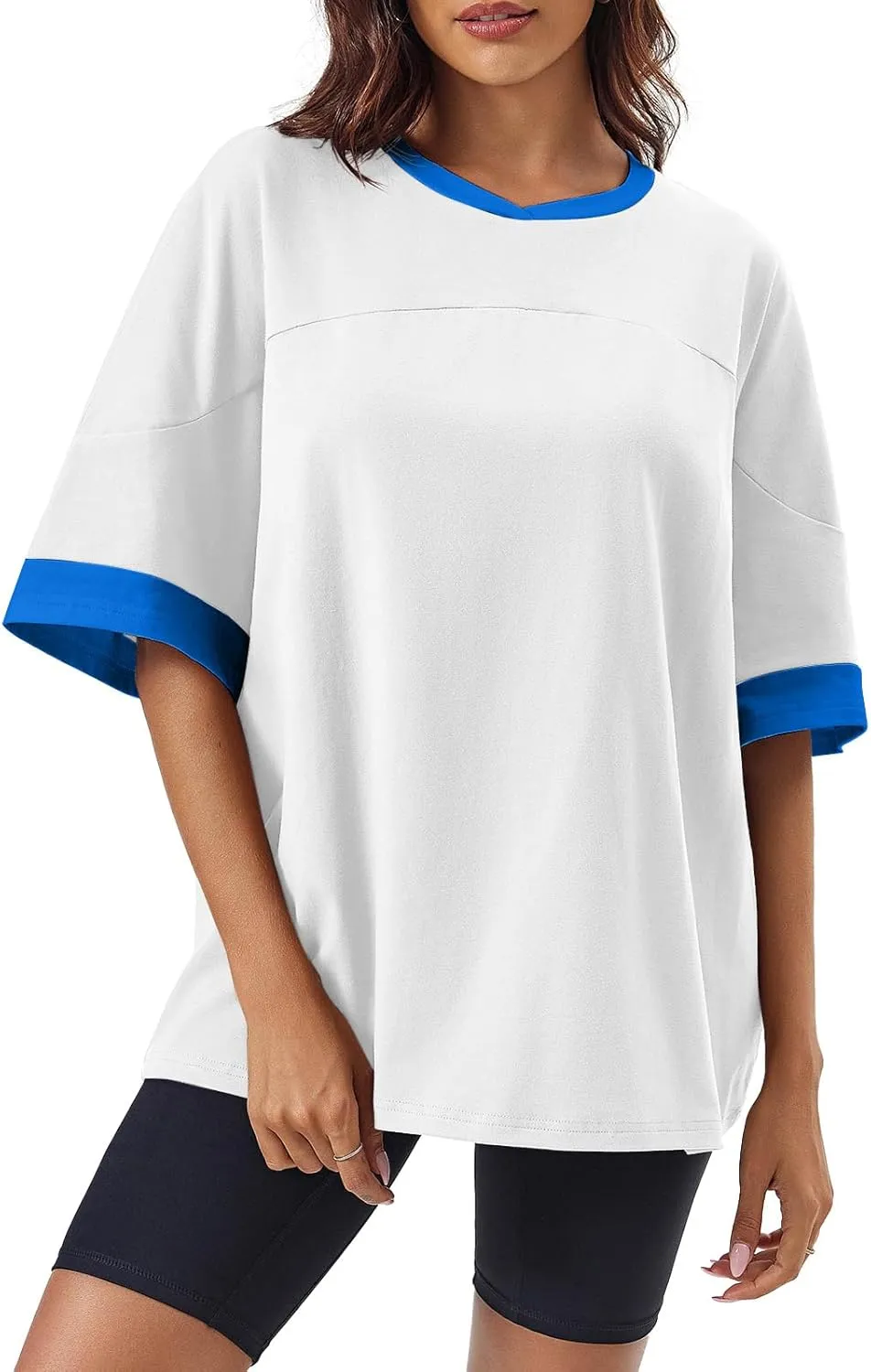 Tankaneo Womens Oversized T Shirts Casual Summer Short Sleeve Color Block Loose Fit Tunic Tops