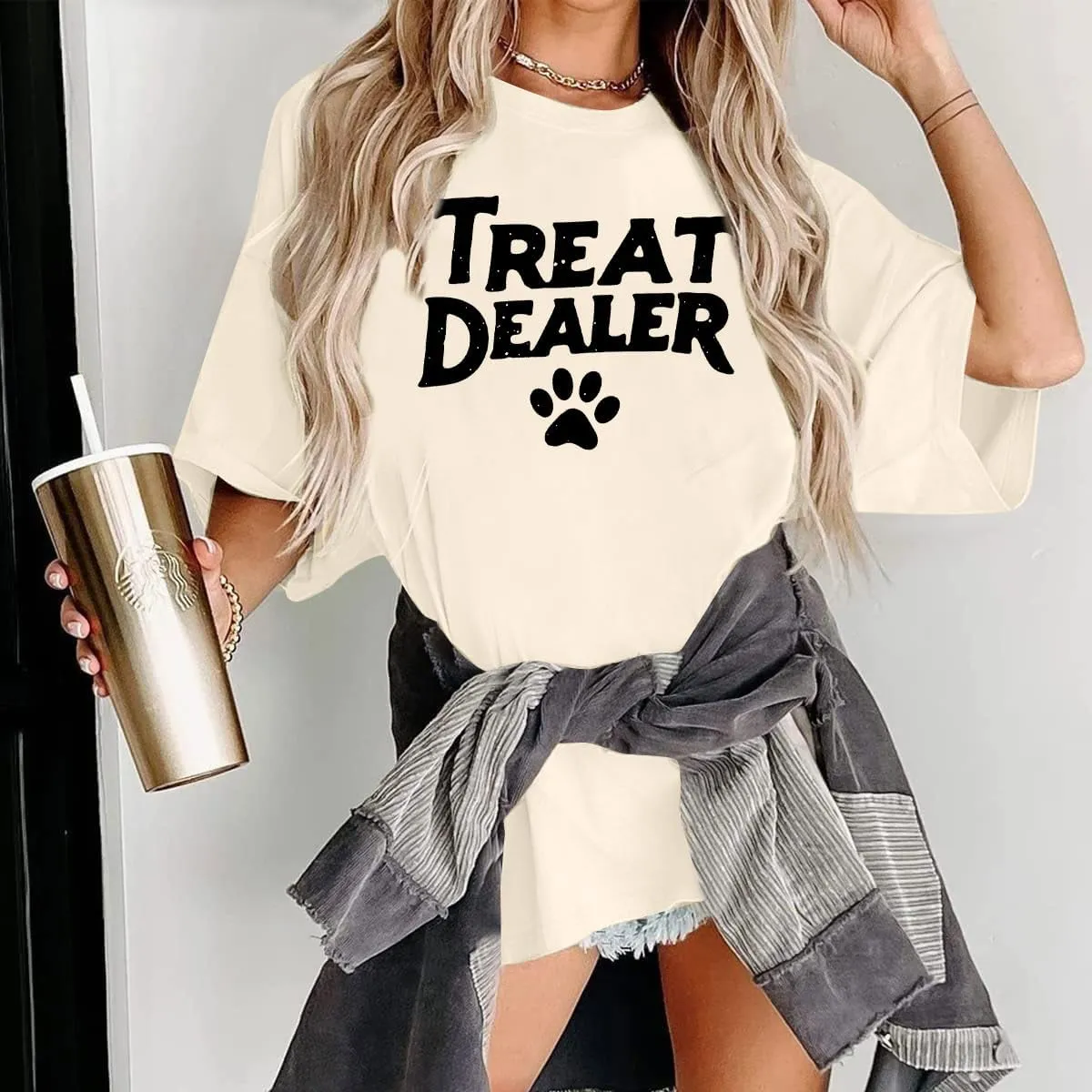 Treat Dealer Shirts for Women: Oversized Dog Mom T-Shirts Funny Dog Lover Gift Dog Paw Print Tee Casual Summer Tops
