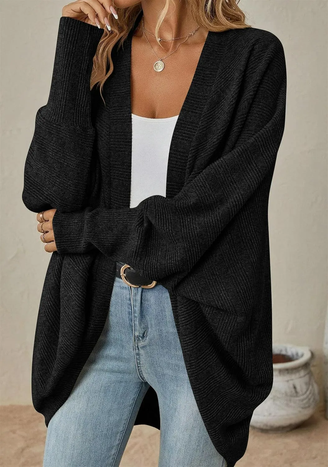 TYQQU Women's Long Sleeve Slouchy Cardigan Cable Knit Open Front Sweater Fashion Casual Outerwear