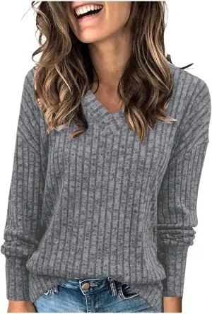 V Neck Long Sleeve Knitted Shirts for Women Casual Spring Fall Tops Lightweight Tunic Sweaters Fashion Clothes 2024