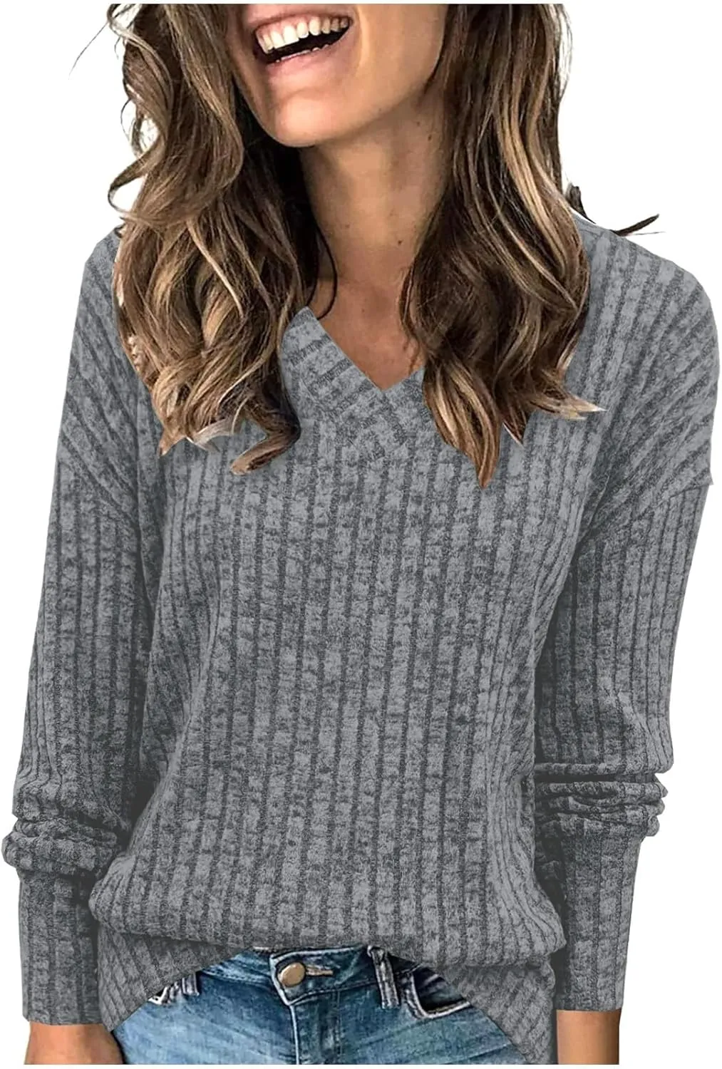 V Neck Long Sleeve Knitted Shirts for Women Casual Spring Fall Tops Lightweight Tunic Sweaters Fashion Clothes 2024