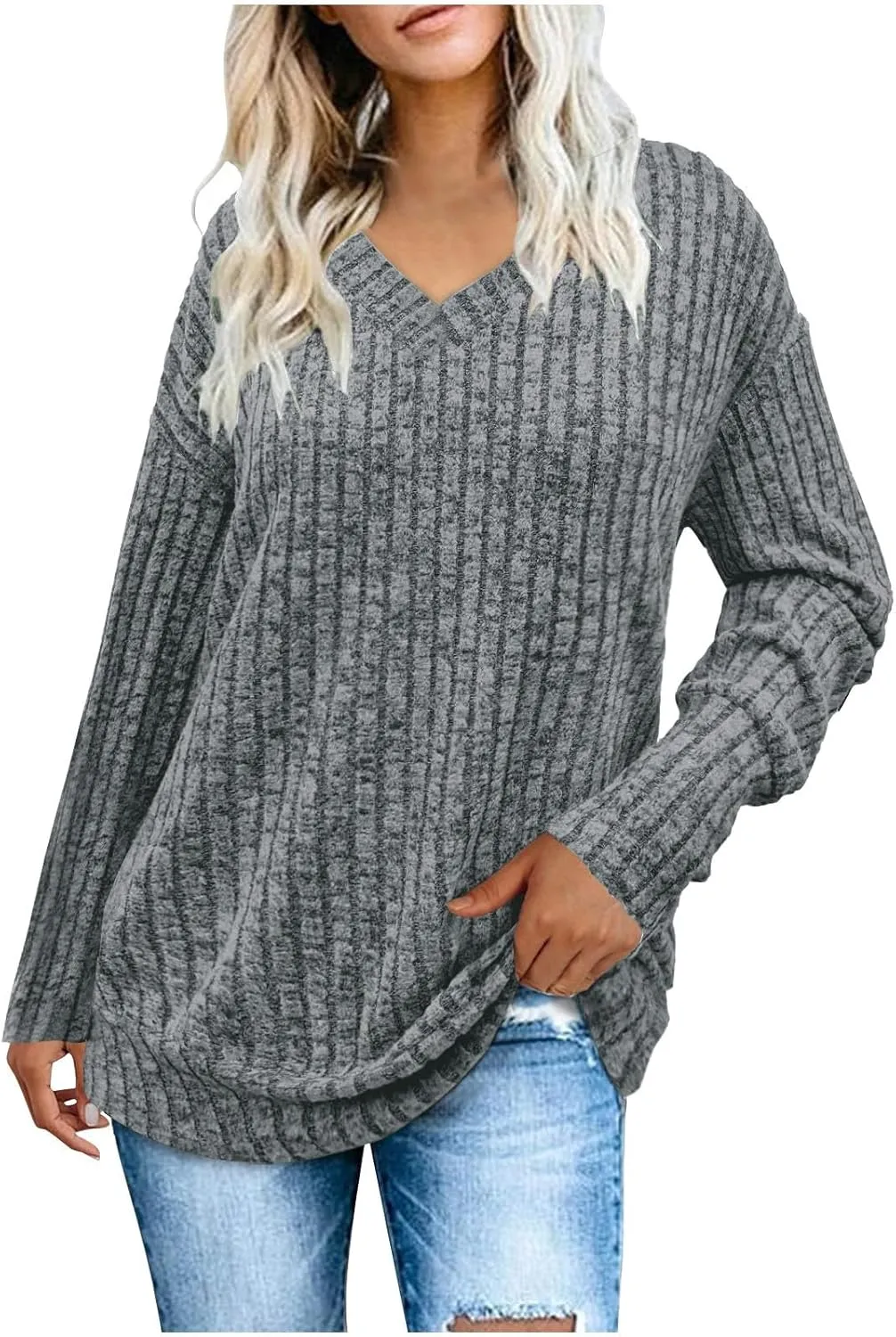 V Neck Long Sleeve Knitted Shirts for Women Casual Spring Fall Tops Lightweight Tunic Sweaters Fashion Clothes 2024