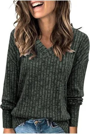 V Neck Long Sleeve Knitted Shirts for Women Casual Spring Fall Tops Lightweight Tunic Sweaters Fashion Clothes 2024