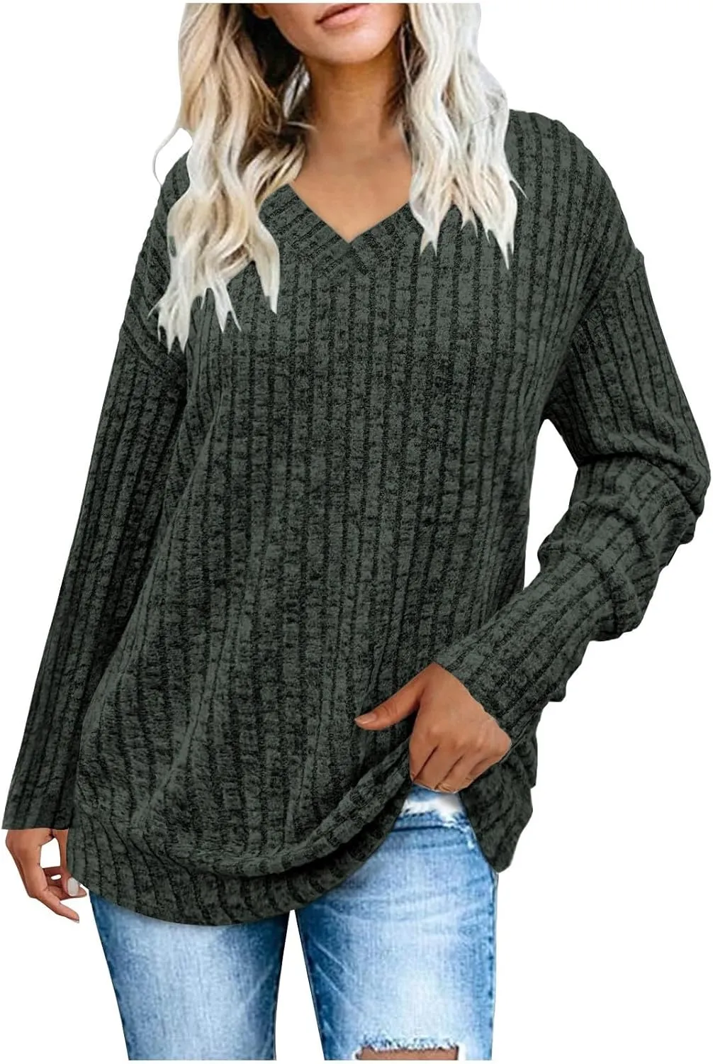 V Neck Long Sleeve Knitted Shirts for Women Casual Spring Fall Tops Lightweight Tunic Sweaters Fashion Clothes 2024