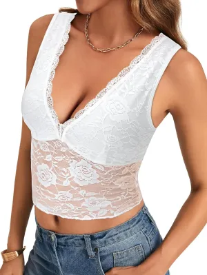 Vrtige Women's Sexy V Neck Lace Sleeveless Slim Fit Trendy Crop Cami Tank Top Blouse