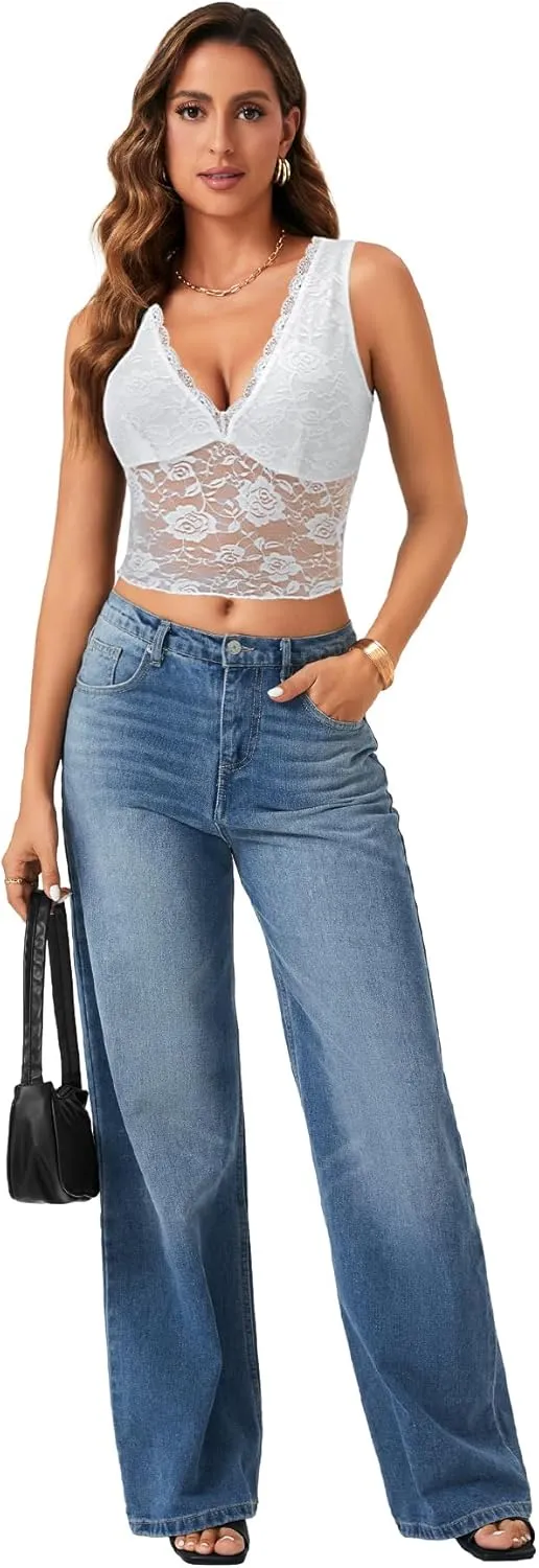 Vrtige Women's Sexy V Neck Lace Sleeveless Slim Fit Trendy Crop Cami Tank Top Blouse