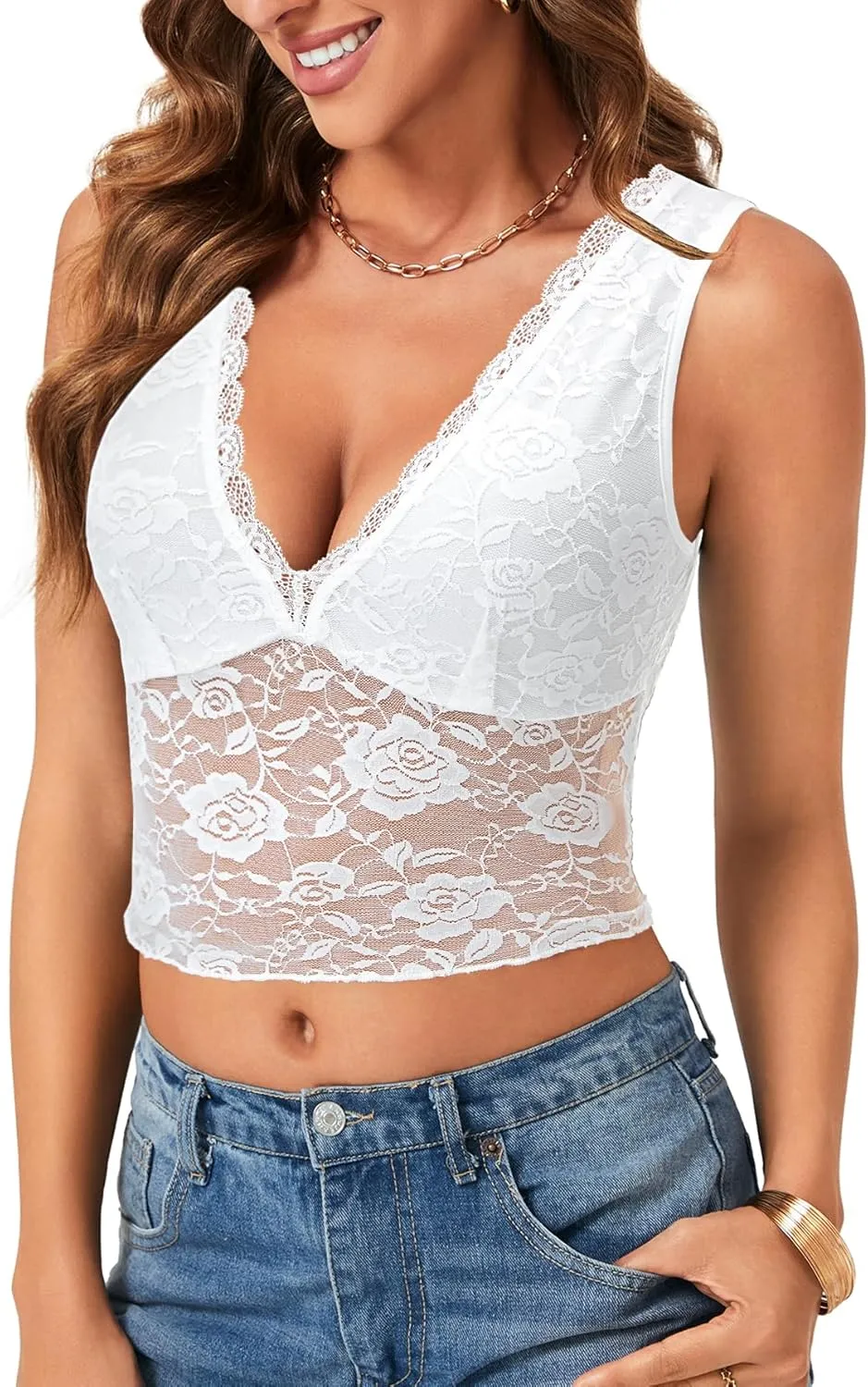 Vrtige Women's Sexy V Neck Lace Sleeveless Slim Fit Trendy Crop Cami Tank Top Blouse